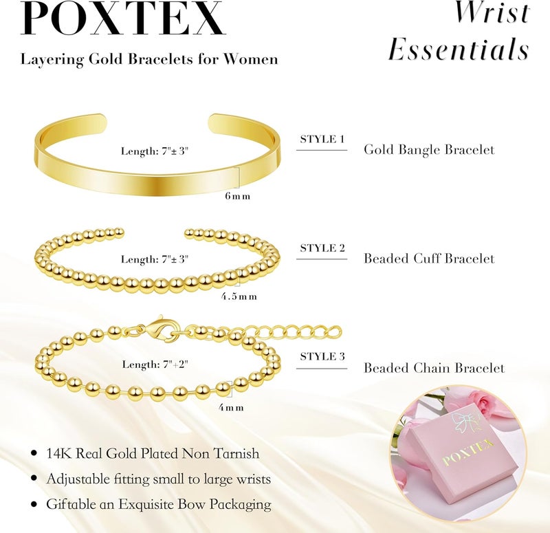 Poxtex 925 Sterling Silver Bracelets for Women Stack, 14K Gold Plated Bangle Cuff Jewelry Set Trendy, Adjustable Tennis Knot Twisted Bracelet for Wrist Essentials Women Fashion Gifts - Image 3